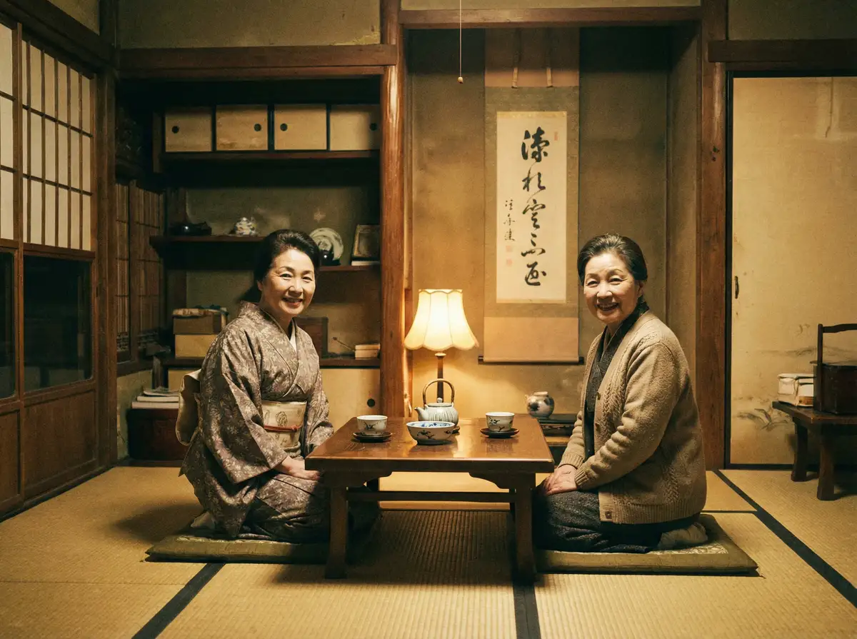 两位优雅的 蜜芽-品牌折扣专区|限时抢购热门商品 在日式茶室中品茶交谈